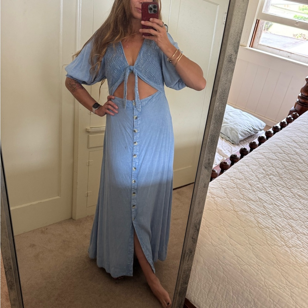 Free People Blue Maxi Dress with Plunge Neckline and Tie Front